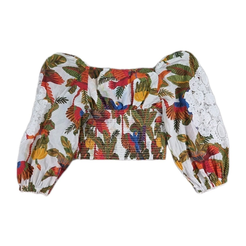 Farm Rio Top Womens Medium Cropped Bird Tropical Embroidered Floral - Picture 3 of 15